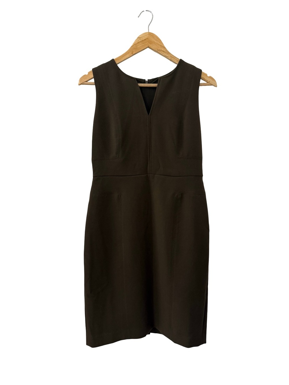 Tailored Sleeveless V‑Neck Sheath Dress in Dark Olive